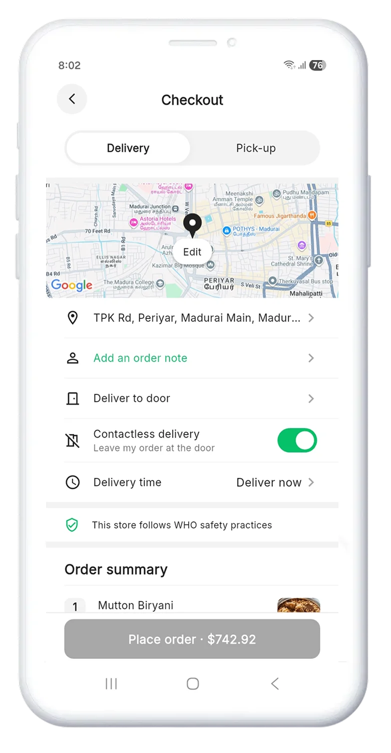 Eater app contactless delivery option screen