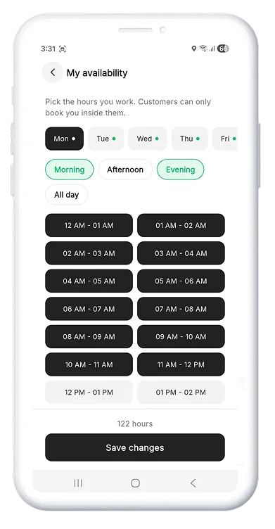 Handyman providers can set working time to manage availability